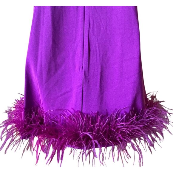 Mac Duggal Ieena Feathered Hem High Neck Sleeveless A-Line Dress Purple Satin 6 - Picture 7 of 13